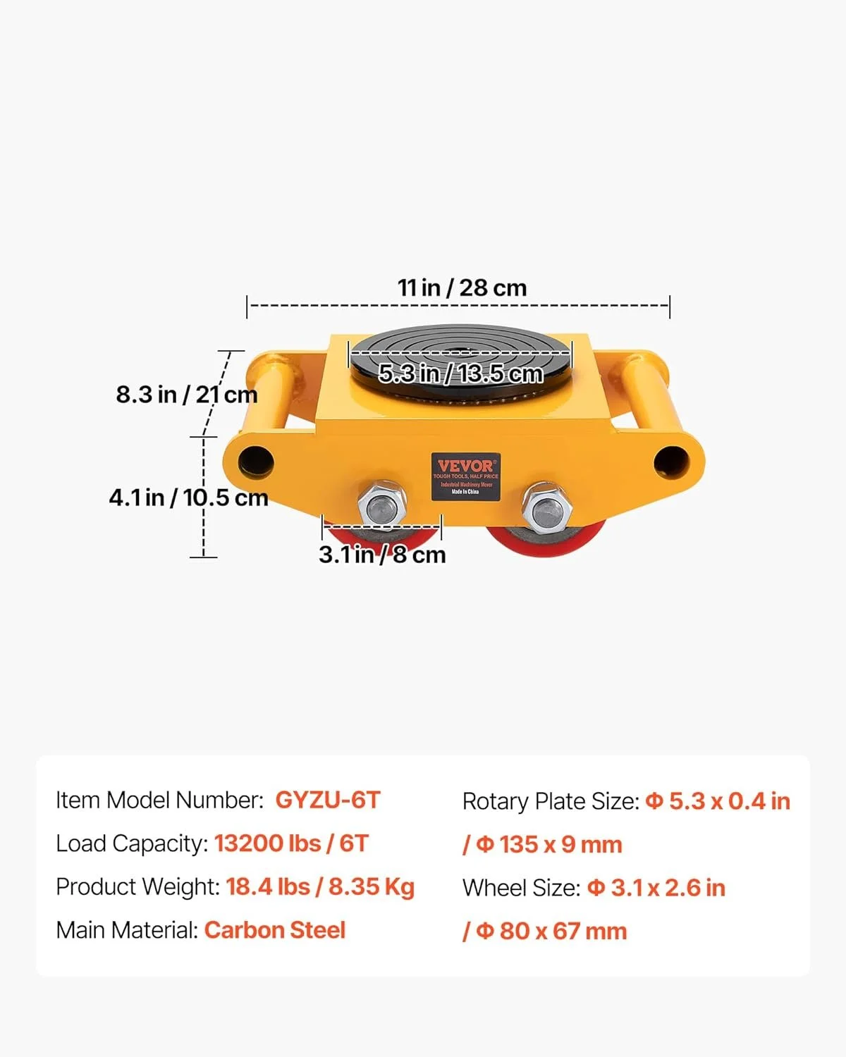 Роликовая передвижная платформа VEVOR Machinery Skate Dolly 6Т Желтый, фото №8
