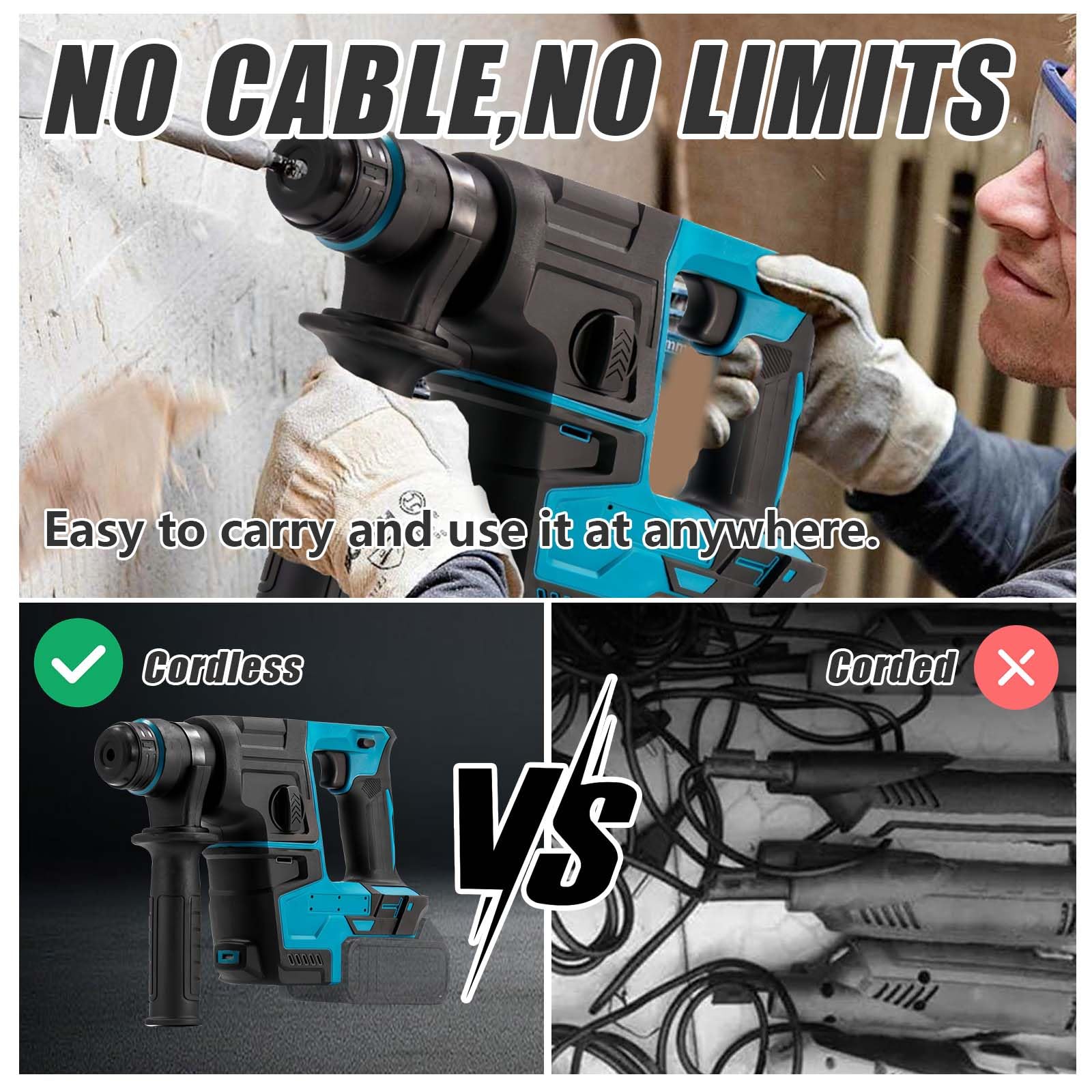 Аккумуляторный Перфоратор 1100W для Аккумулятора Makita 18V 2.5 Дж 1400 об/мин 4200 уд/мин 360° Рукоятка, фото №6