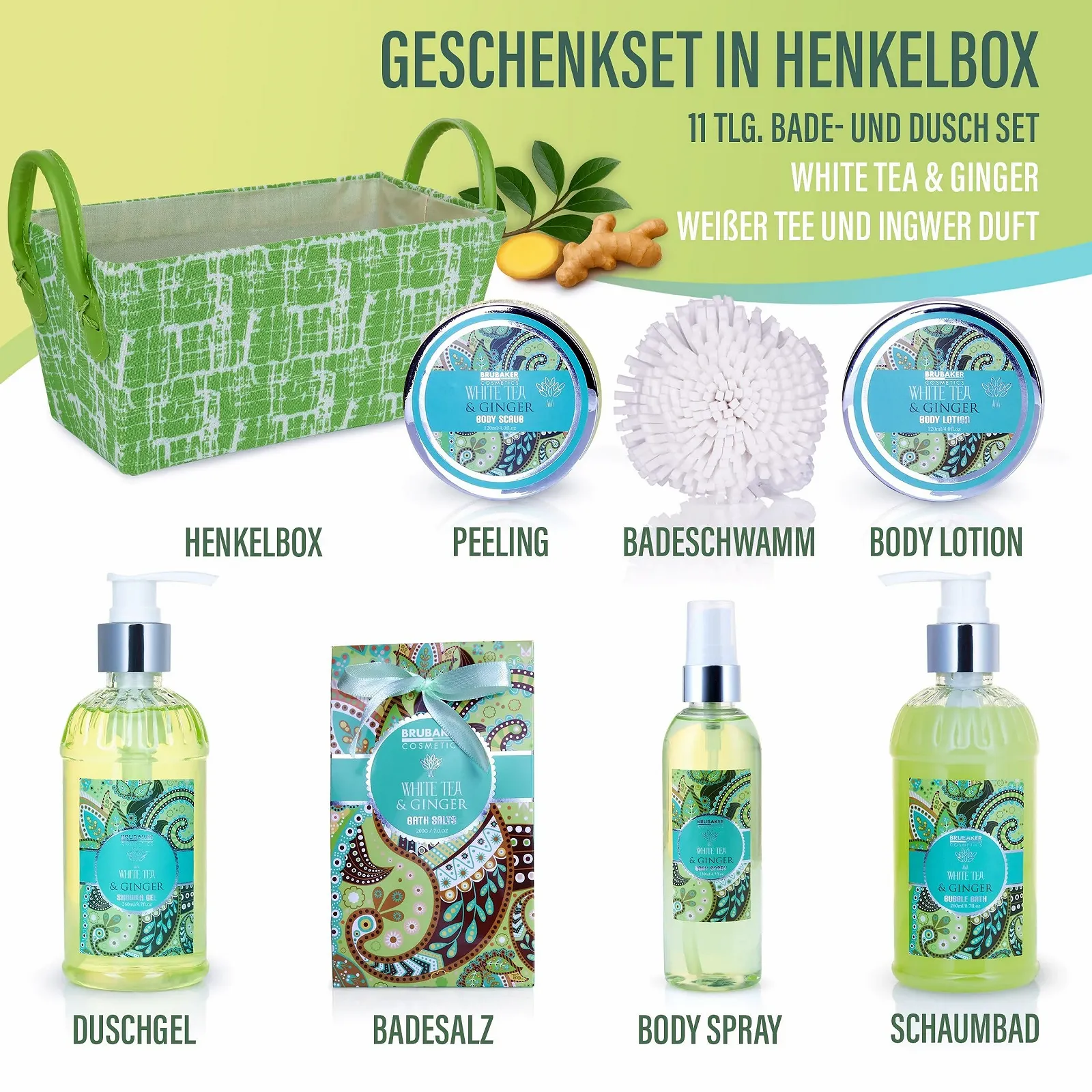 Набір для ванни BRUBAKER Cosmetics "White Tea & Ginger" з 8 предметів у кошику, фото №3