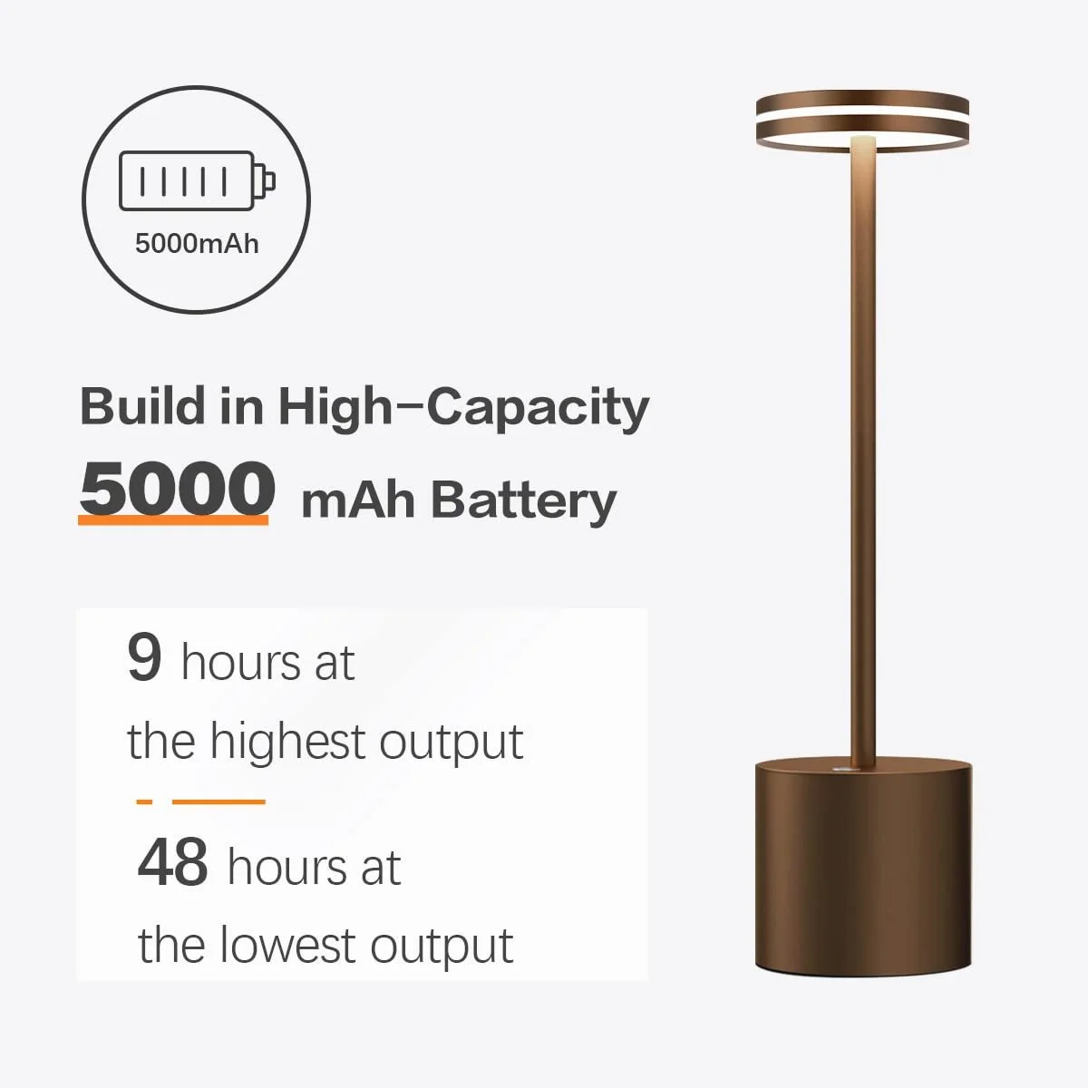 Настільна лампа LED Wireless Battery 5000 mAh Rechargeable Dimmable 3 Colour Temperatures USB Touch Brown, фото №2