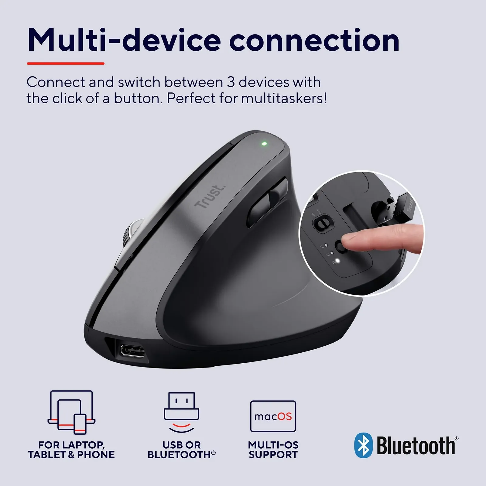 Мышь Trust Bayo+ Беспроводная Bluetooth + RF 2.4GHz Вертикальная Эргономичная Перезаряжаемая Черный, фото №3