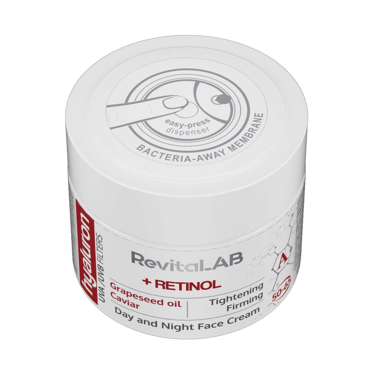 Денний та нічний крем RevitaLAB Hyaluron Anti-Ageing з Retinol, ікрою та червоним виноградом для віку 50–65 років 50 мл (2 шт. в упаковці), фото №8 Денний та нічний крем RevitaLAB Hyaluron Anti-Ageing з Retinol, ікрою та червоним виноградом для віку 50–65 років 50 мл (2 шт. в упаковці), фото №8