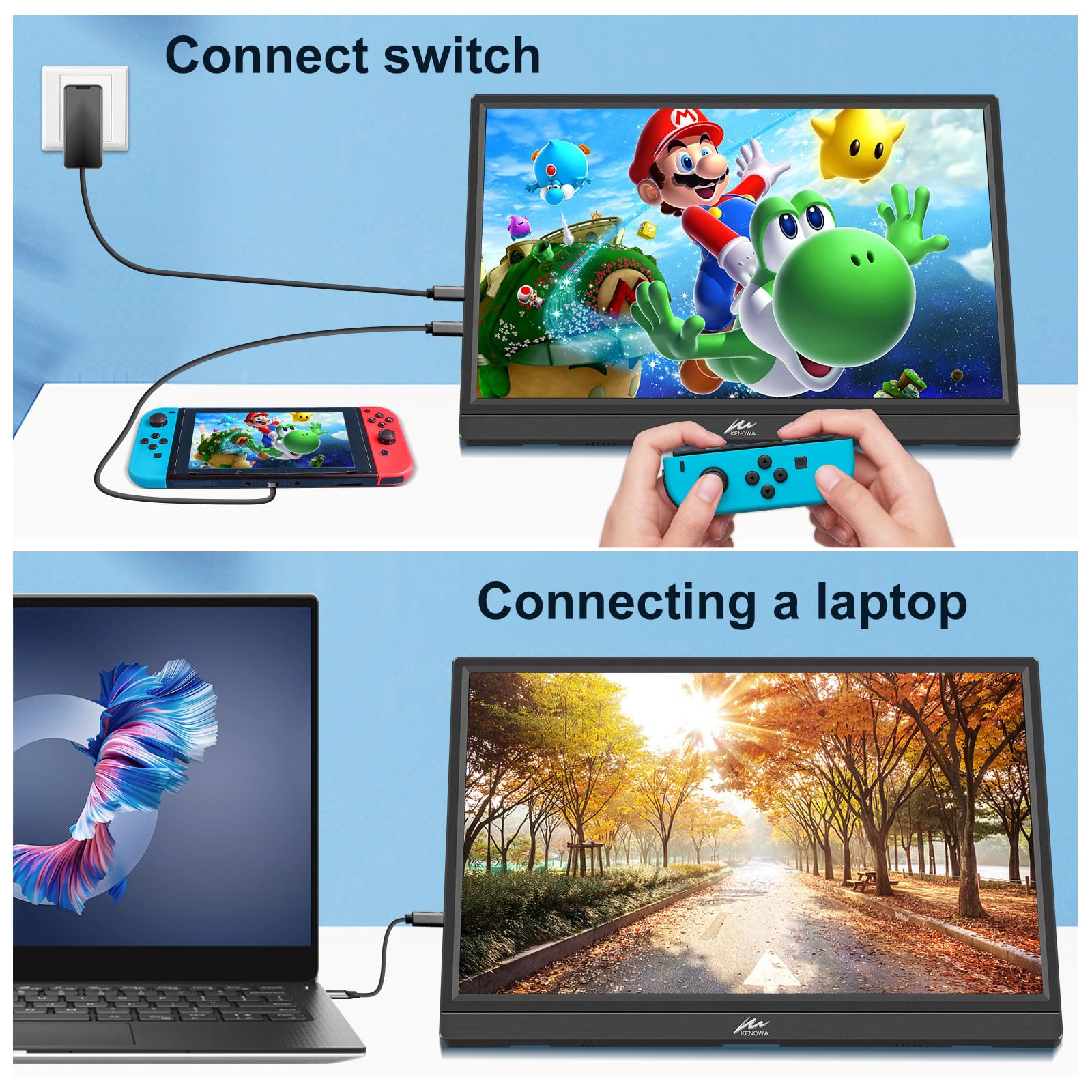 Портативний монітор Kenowa 16 дюймів FHD 1920 x 1200P IPS екран HDR 350 ніт 16:10 з HDMI Type C Чорний, фото №6