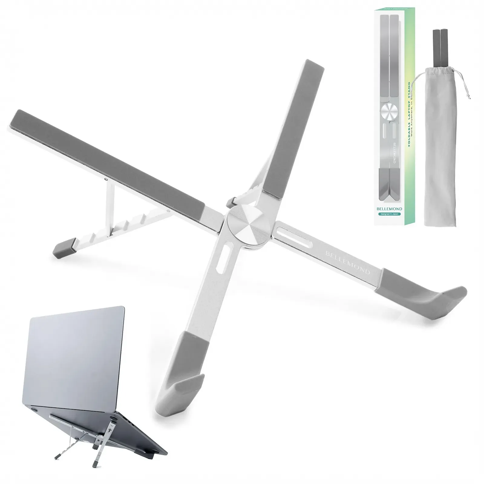 Підставка для ноутбука X-подібна BELLEMOND Регульована по висоті алюмінієва підставка з 5 рівнями, складана та легка, вентильована, для ноутбуків і планшетів до 17,3 дюймів, космічне срібло, фото №1