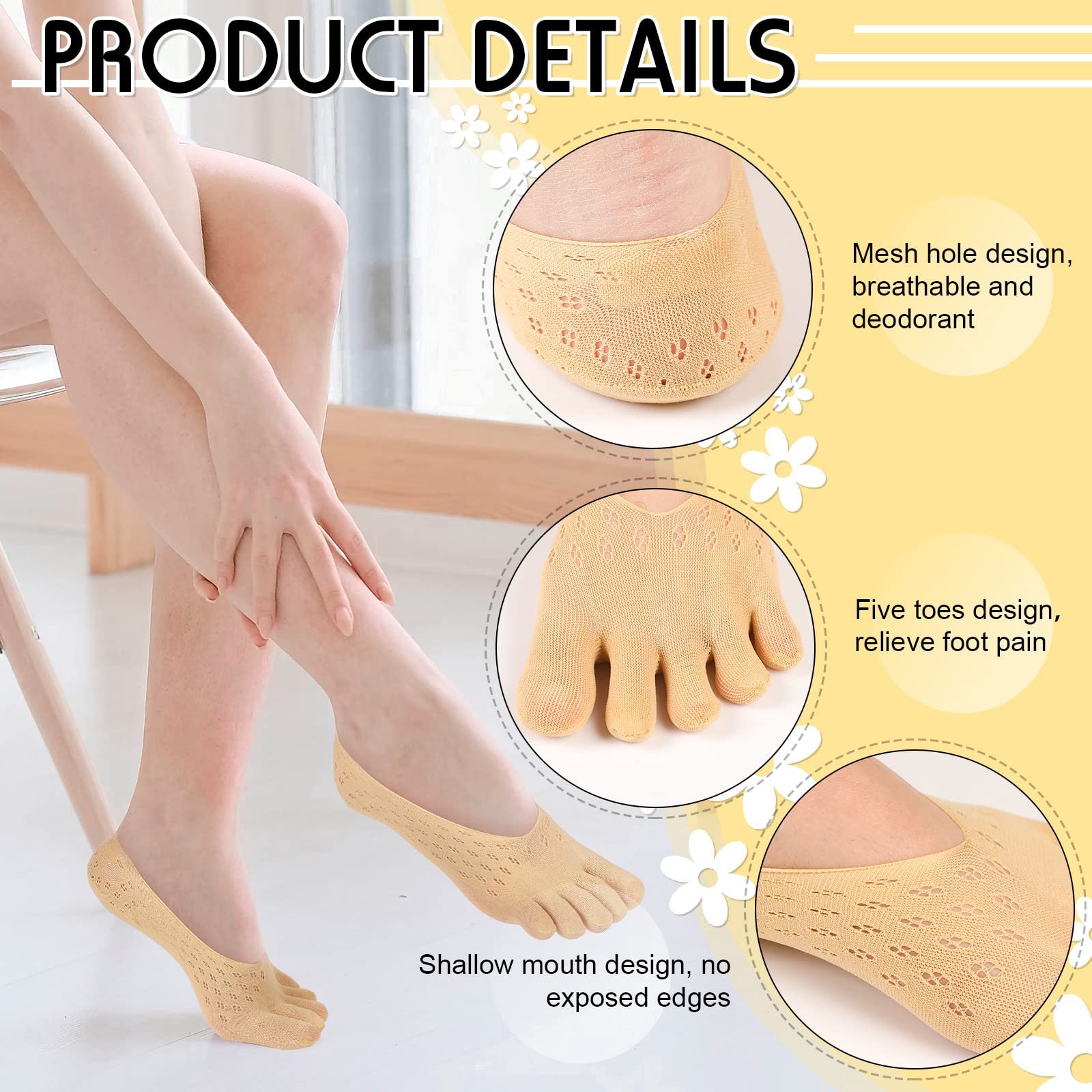 Носки с пятью пальцами Geyoga 3 пары Ортопедические компрессионные носки-невидимки Розовый, черный, хаки, фото №2