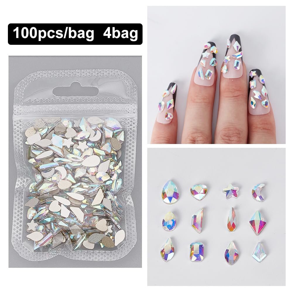 Стразы для ногтей стеклянные 400 штук разных форм, плоские кристаллы для ногтей, украшения для DIY поделок, дизайн ногтей, макияж, наряды, фото №3