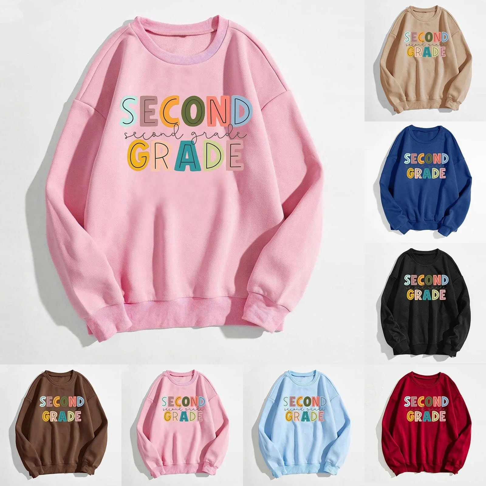 Женский свитшот однотонный/с принтом Свободные топы с длинными рукавами Круглый вырез Эластичный Легкий Длинный рукав Свободный пуловер с карманом Легкий уличный стиль, фото №2