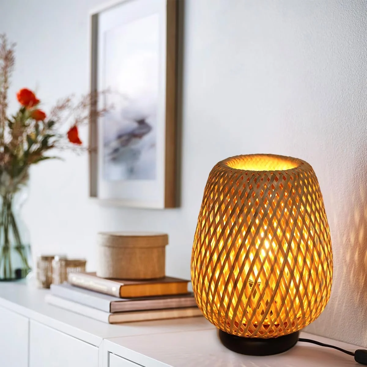 Настільна лампа Alpinaluz Nordic Rustic з абажуром із ротанга та бамбукового волокна чорна алюмінієва основа, фото №2