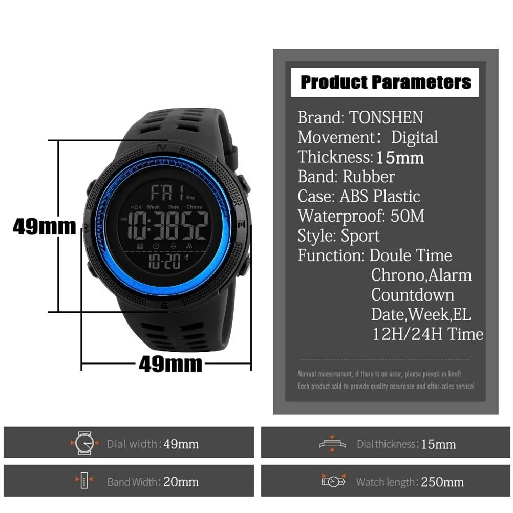 Чоловічий спортивний годинник TONSHEN, водонепроникний, світлодіодний, тактичний, військовий, фото №3 Чоловічий спортивний годинник TONSHEN, водонепроникний, світлодіодний, тактичний, військовий, фото №3