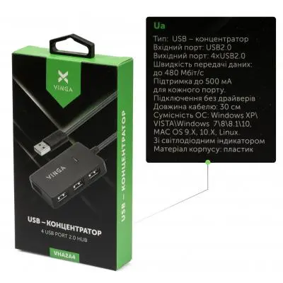 Концентратор Vinga USB2.0 to 4*USB2.0 HUB VHA2A4, фото №4