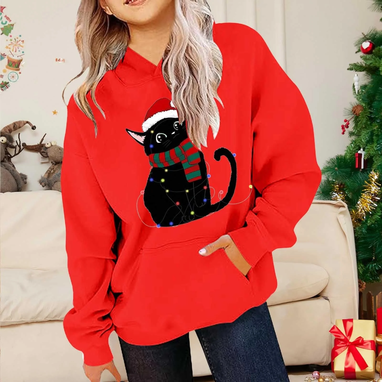 Рождественская толстовка для девочки, смешной рождественский пуловер с капюшоном, рождественский свитер с длинными рукавами и рождественским мотивом, уютная рождественская одежда, повседневный рождественский костюм, фото №2