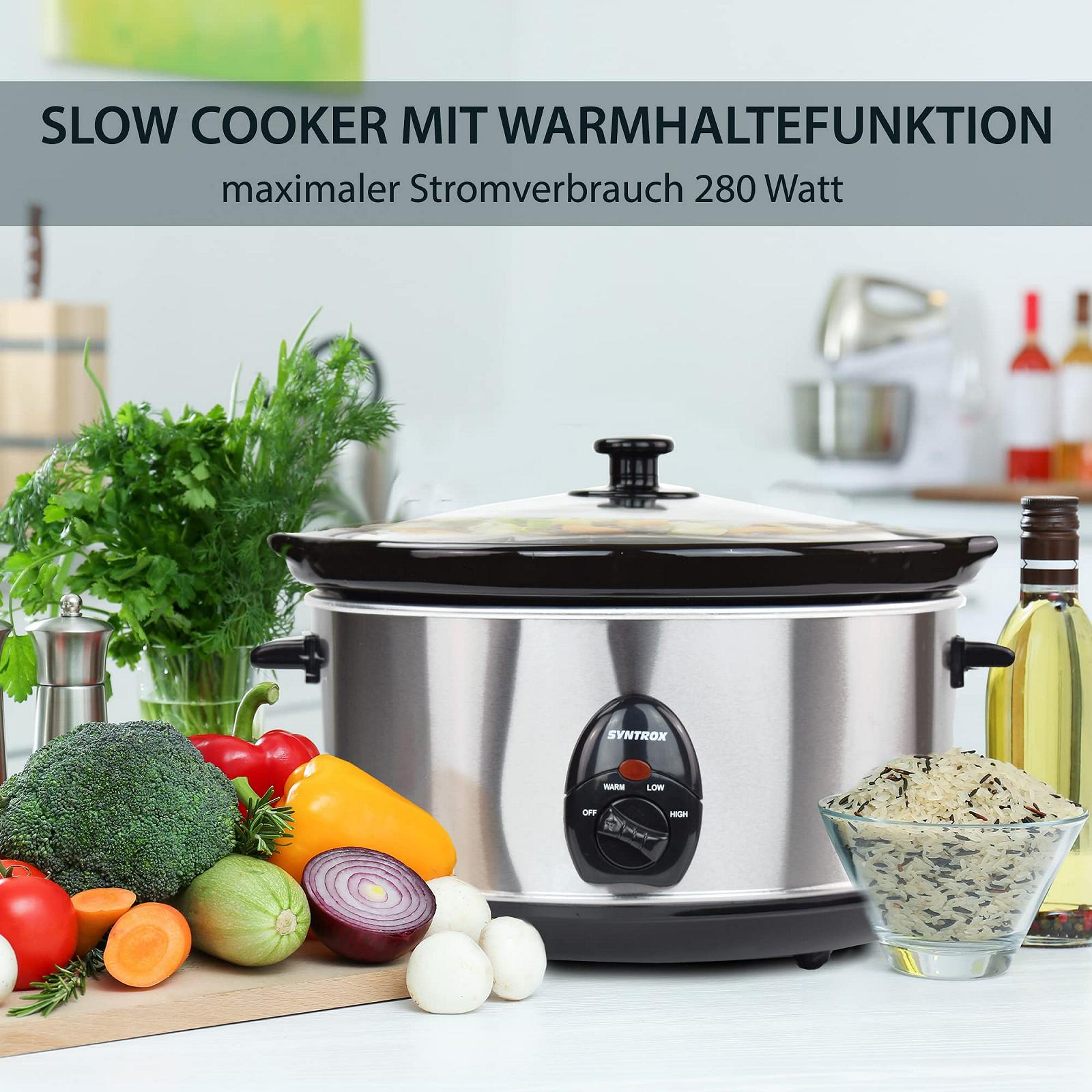 Мультиварка Syntrox Germany Slow Chef SC-450M_Deli 4,5 Літра з функцією підігріву, скляна кришка та міцна керамічна чаша - 280 Ват, Нержавіюча сталь, фото №2