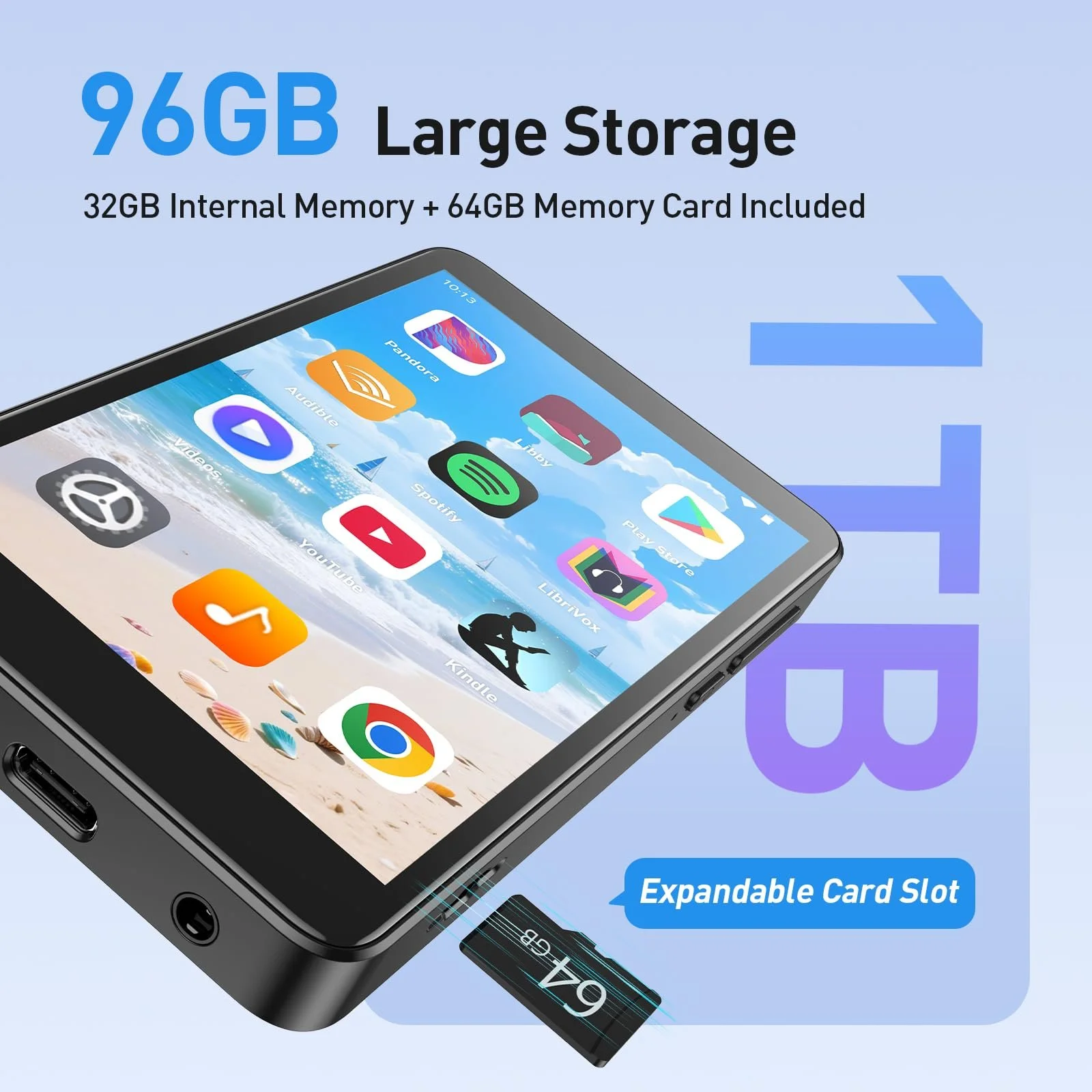 MP3-плеер AGPTEK 96GB с Bluetooth и WiFi, 4-дюймовый сенсорный экран, Android 14, MP4, поддержка Audible, приложения, FM-радио, Amazon Music, до 1 TB, черный, фото №3