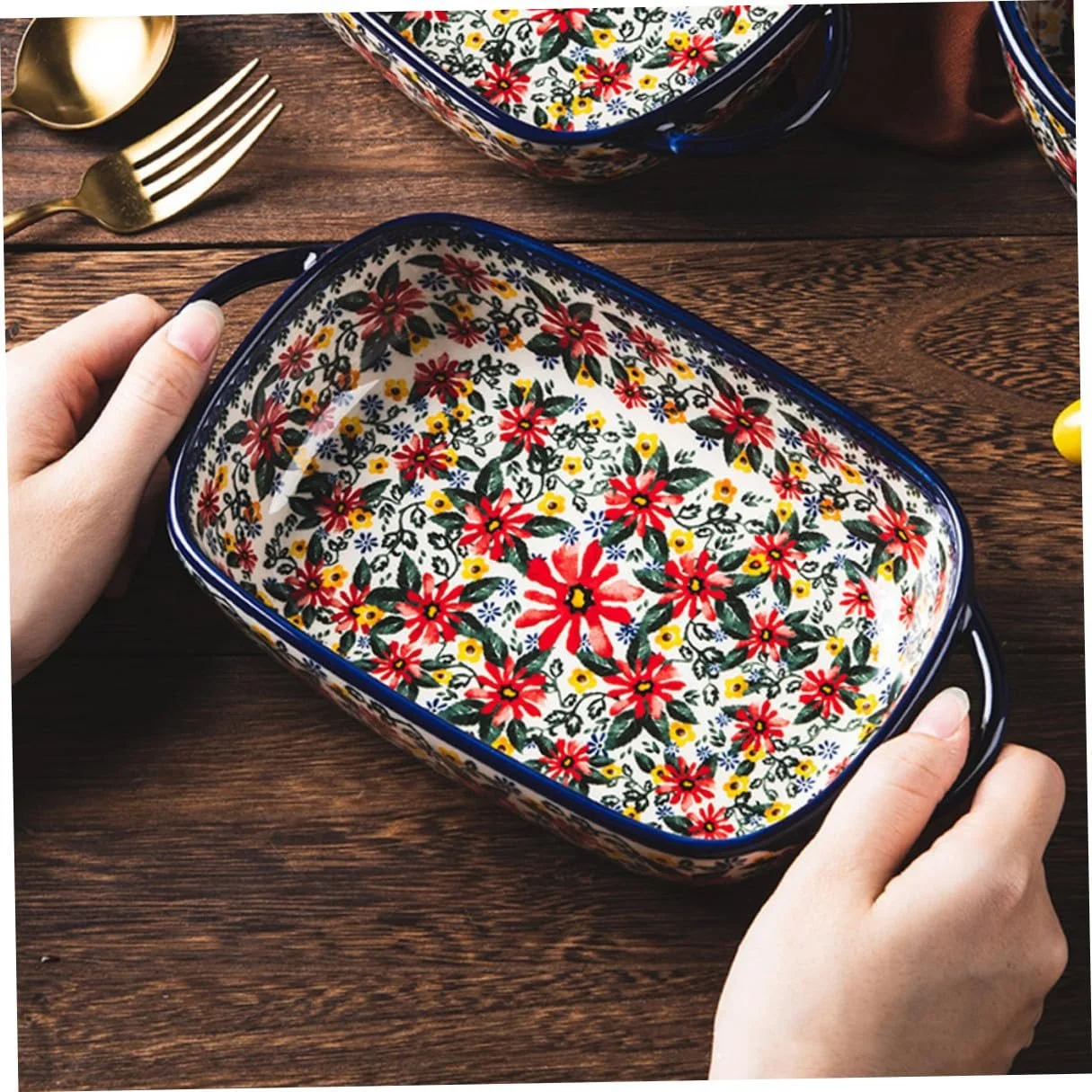 Форма для запікання керамічна прямокутна з квітковим візерунком та ергономічними ручками, фото №5