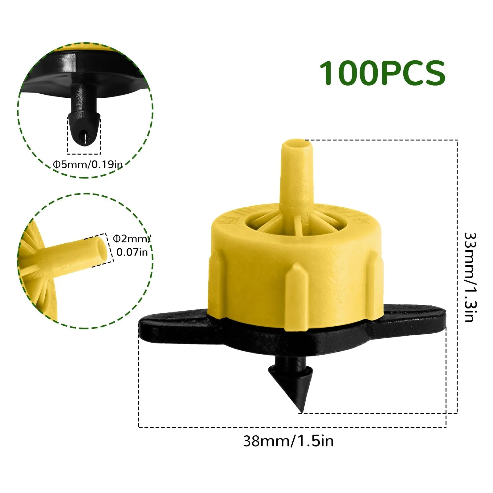 Крапельниці для поливу 0.5 GPH 1/4 дюйма 2 л/год 100 шт. жовті, фото №5