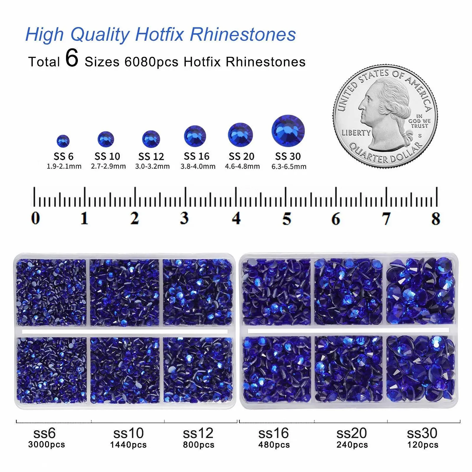 Стрази AB для одягу, рукоділля, змішані 6 розмірів з восковим олівцем і пінцетом SS6-SS30, кришталеві AB сапфірові, фото №4