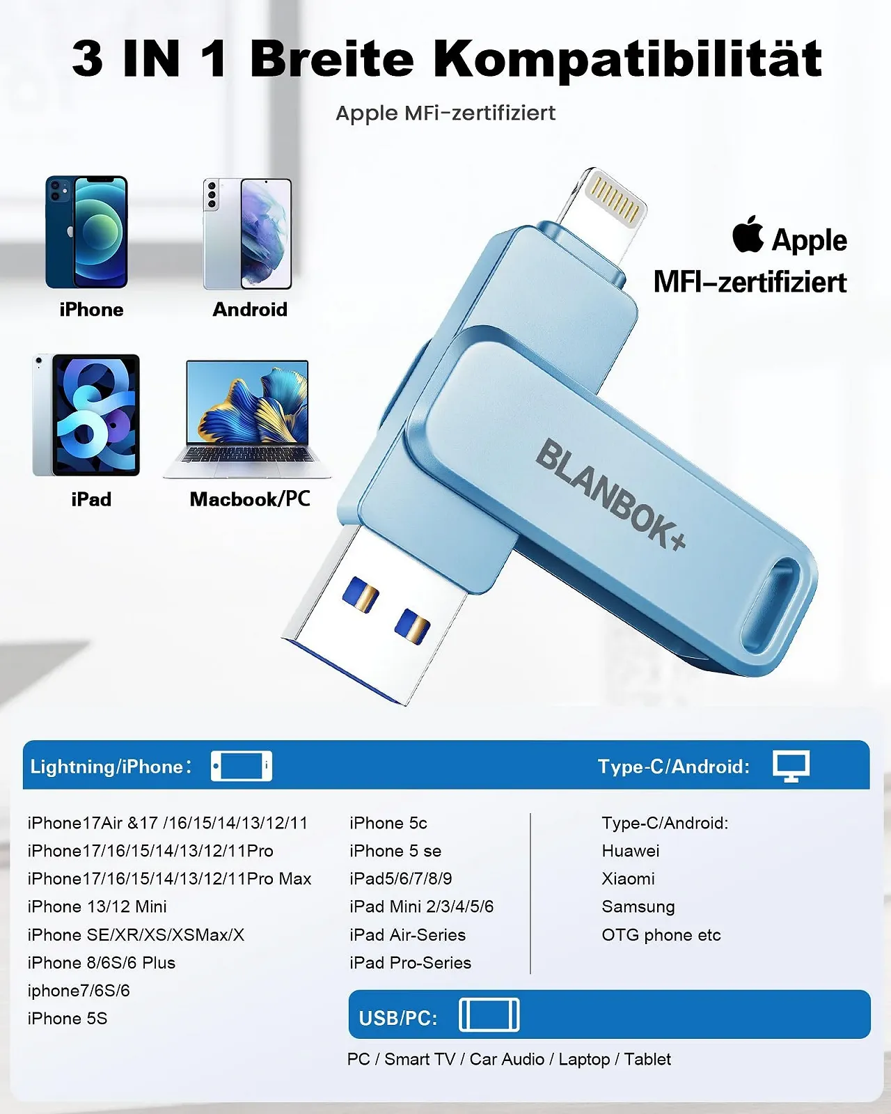 Flash Drive Apple MFi Certified 3-in-1 Lightning/USB/Type-C 256 GB Blue, фото №7 Flash Drive Apple MFi Certified 3-in-1 Lightning/USB/Type-C 256 GB Blue, фото №7