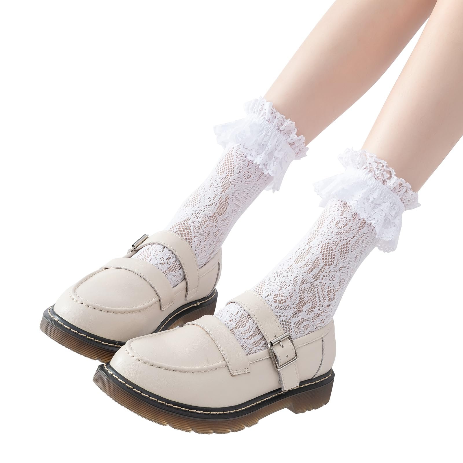 Носки LittleForBig Crew с кружевными оборками Roze/Heart Pattern (3 пары) - Черный, Белый и Бежевый, фото №5