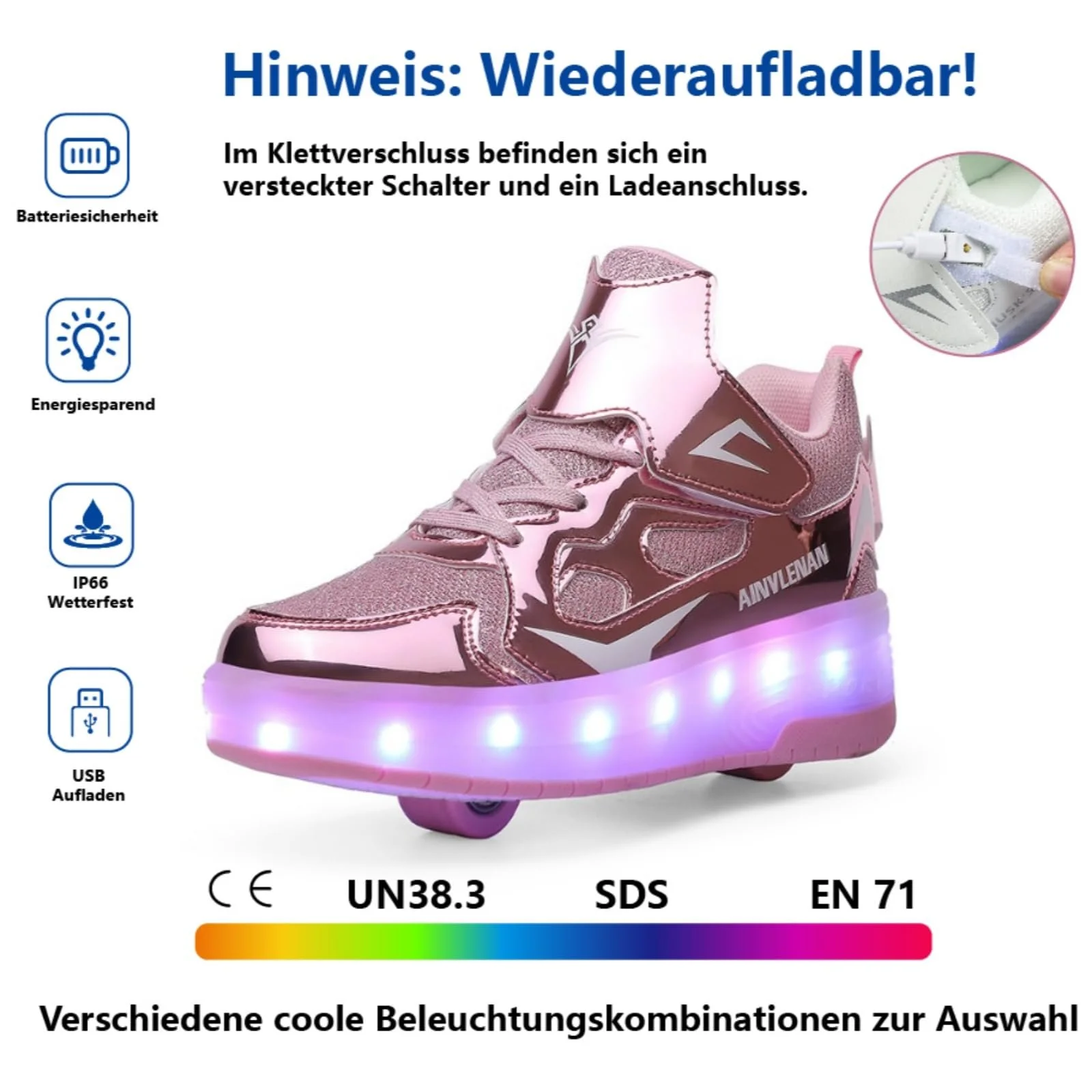 Кроссовки на колесиках HUSKSWARE Детские LED 2 Колеса USB Перезаряжаемые Меняющие цвет Черный Розовый Золотой Серебряный Белый Размер 28-41 EU, фото №3