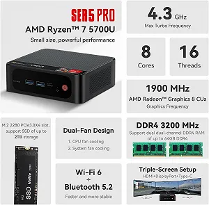 Міні ПК Beelink SER5 Pro / AMD Ryzen 7 5700U / RAM 16Gb / SSD 512Gb / AMD Radeon Graphics / Windows 11 Pro / 1 x HDMI / LAN / Wi-Fi 6 / Bluetooth 5.2 / Чорний synthetic.ua - Фото 1