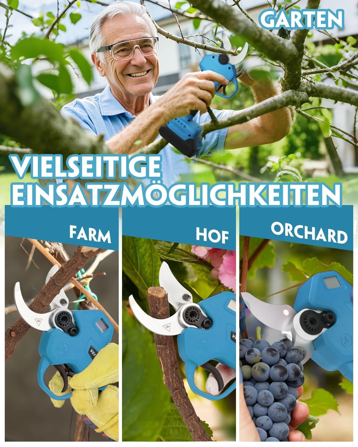 Секатори акумуляторні Veitorld, з безщітковим мотором 40 мм, 2 x 2000 mAh, фото №6