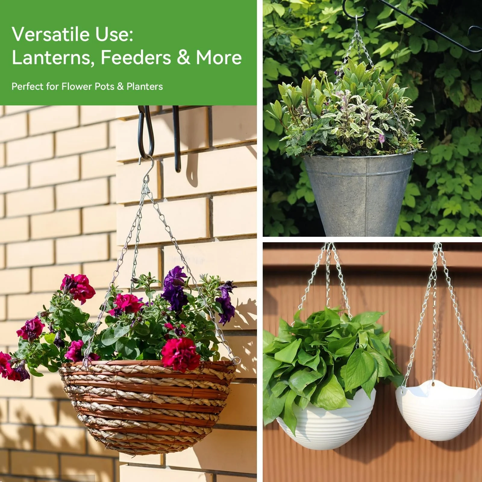 Ланцюжки для підвісних кошиків 4 штуки, 40 см, 3-точкові, міцні металеві, для квіткових горщиків та годівниць, сріблястий, фото №4 Ланцюжки для підвісних кошиків 4 штуки, 40 см, 3-точкові, міцні металеві, для квіткових горщиків та годівниць, сріблястий, фото №4