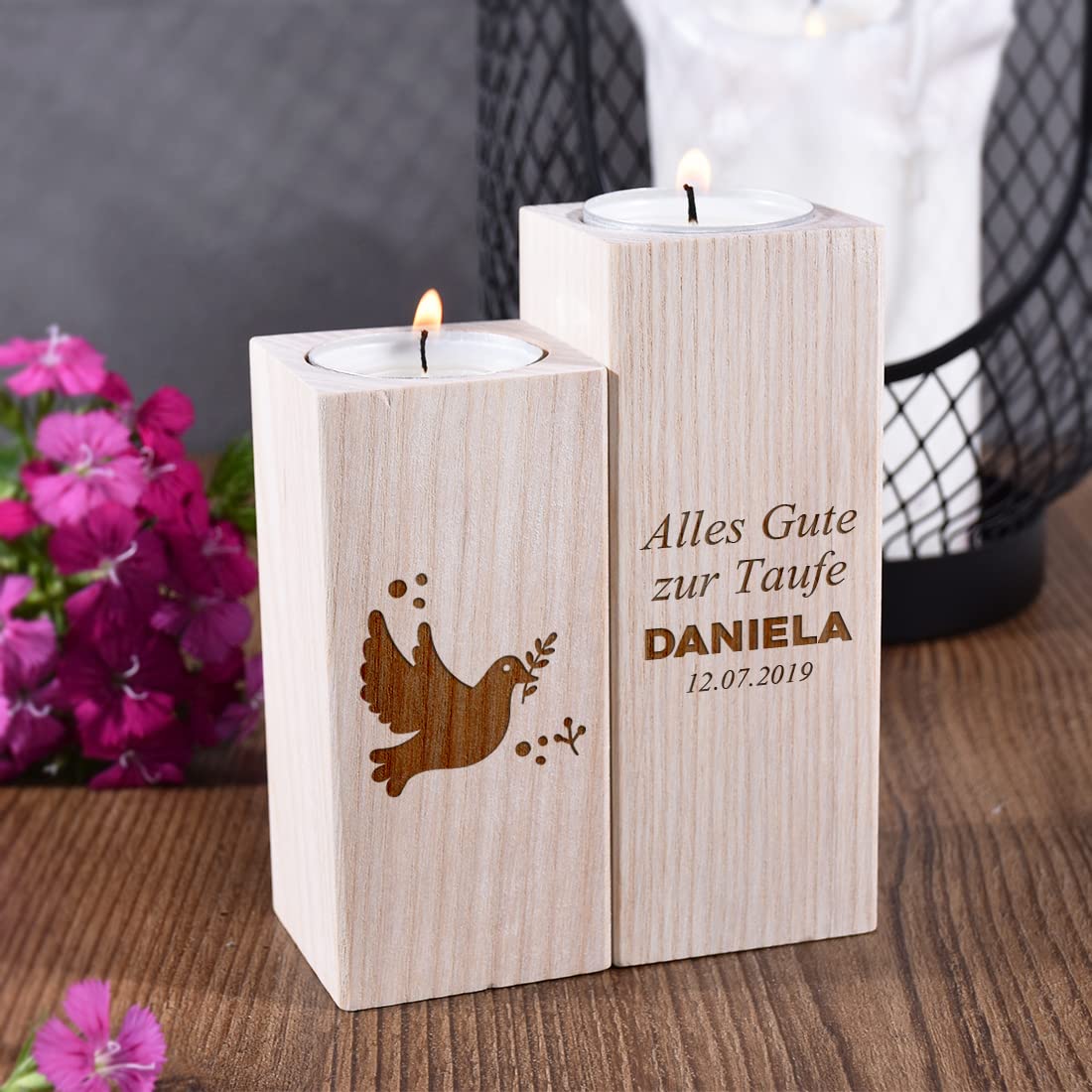 Набор Polar-effekt Деревянные подсвечники Гравировка Голубь Мотив Имя, фото №2