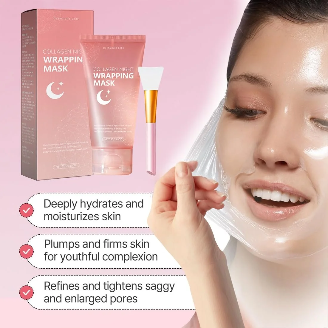 Маска для лица Ночная Collagen - Упаковка из 2 масок Collagen для лица для ночного использования I Гидролизованный коллаген для сияющей кожи I Органическая маска для лица с коллагеном, эластичность и увлажнение, фото №6