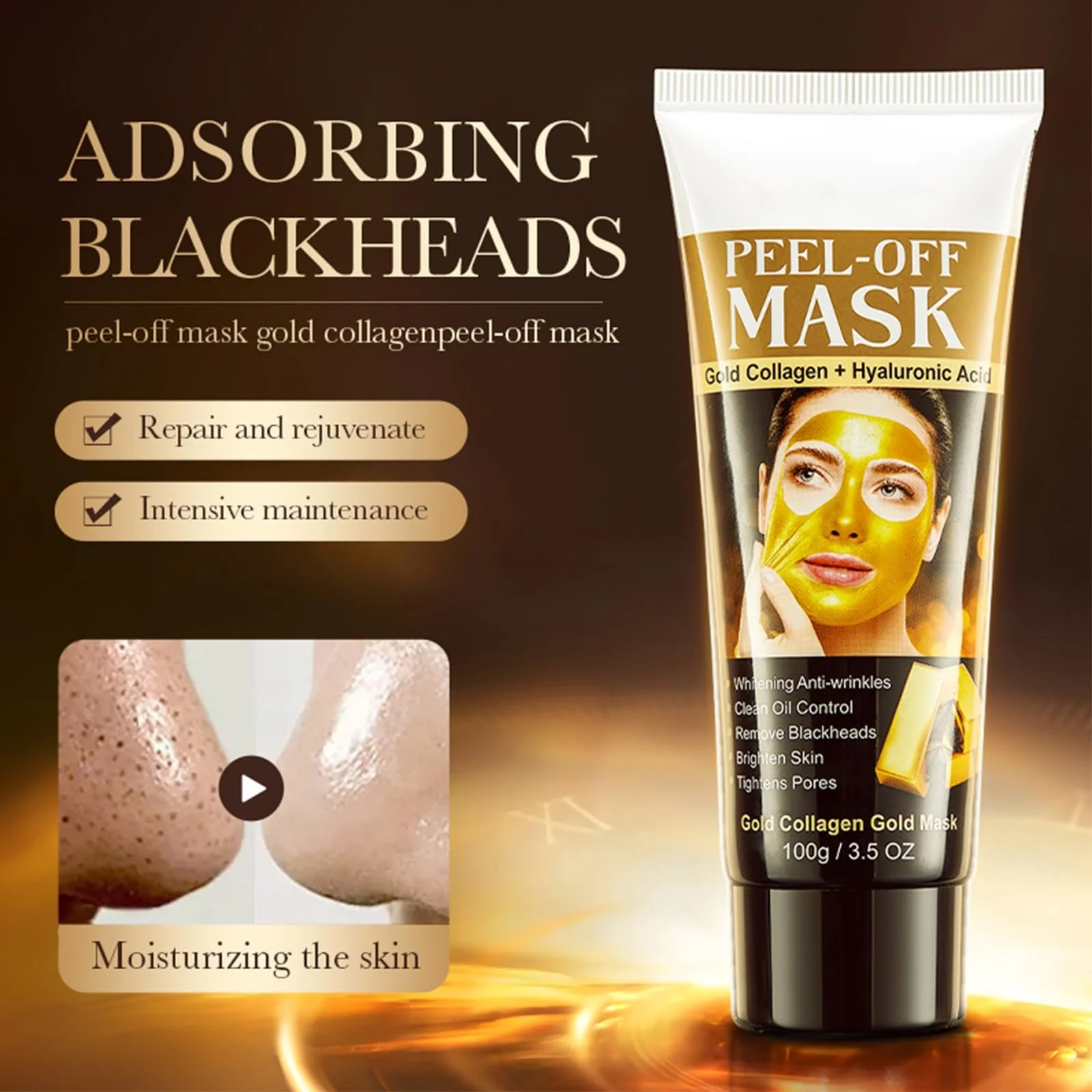 Маска для лица Золотая Коллагеновая для увлажнения, глубокого очищения пор, удаления черных точек, сужения пор, улучшения тона кожи, отбеливания кожи и контроля жирности, 100 г, фото №5
