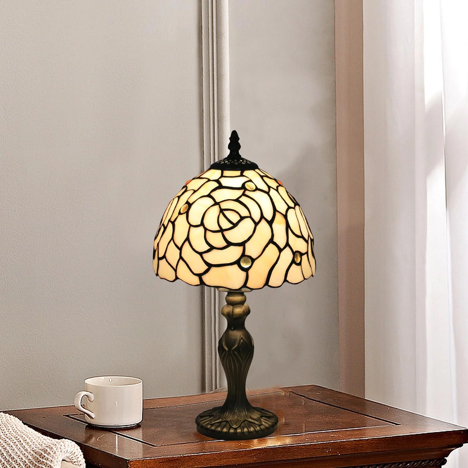 Настільна лампа Tiffany Ретро Вінтажна Візерунок Золота Троянда Вітражне скло LED, фото №2