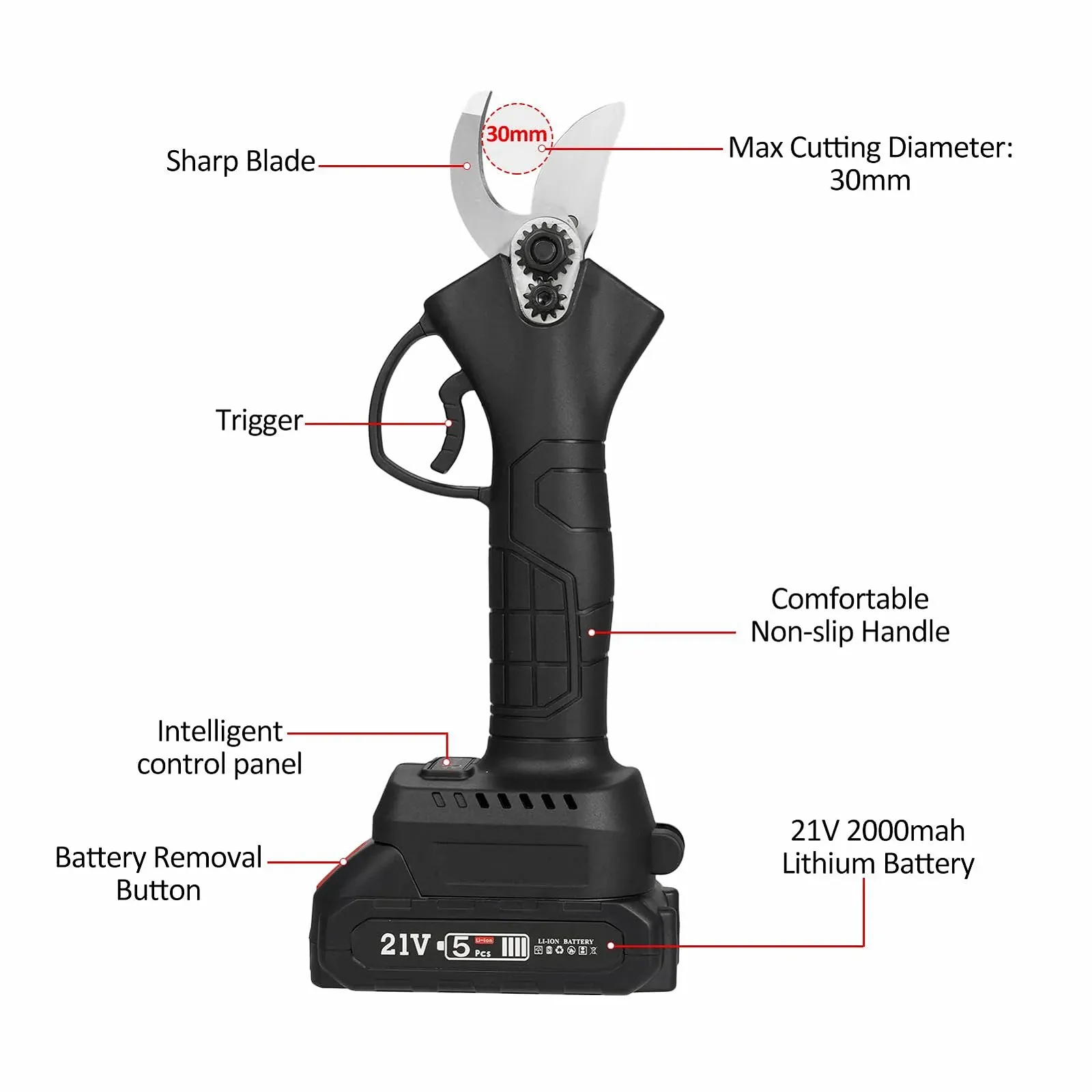 Портативний електричний секатор 21V з сумкою для перенесення, акумуляторна літієва батарея 2000mAh та зарядний пристрій, електричний сучкоріз, секатор, максимальний діаметр різання 30мм, фото №3