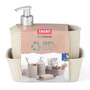 Набор аксессуаров для ванной комнаты TATAY Baobab Ecohome, 4 предмета Стакан для зубных щеток + Диспенсер для мыла + Мыльница + Органайзер A6) Полипропилен, Не содержит BPA, 100% переработанный пластик, Бежевый synthetic.ua - Фото 1