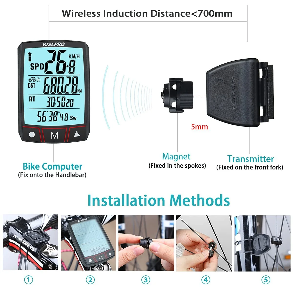 Велокомпьютер RISEPRO Wireless Waterproof Multifunctional Backlit LCD Black, фото №4