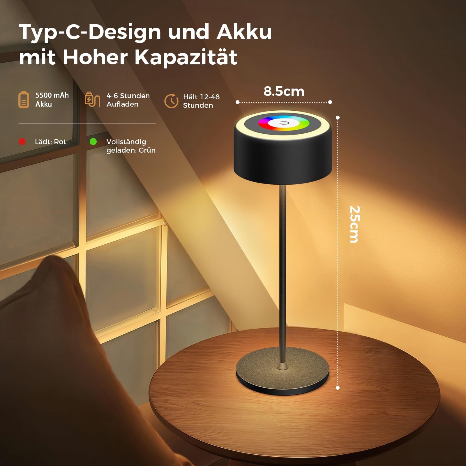 Настільна лампа TYEE бездротова світлодіодна акумуляторна, димована, 3000-6000K + RGB, USB-C, IP54, чорна, фото №6