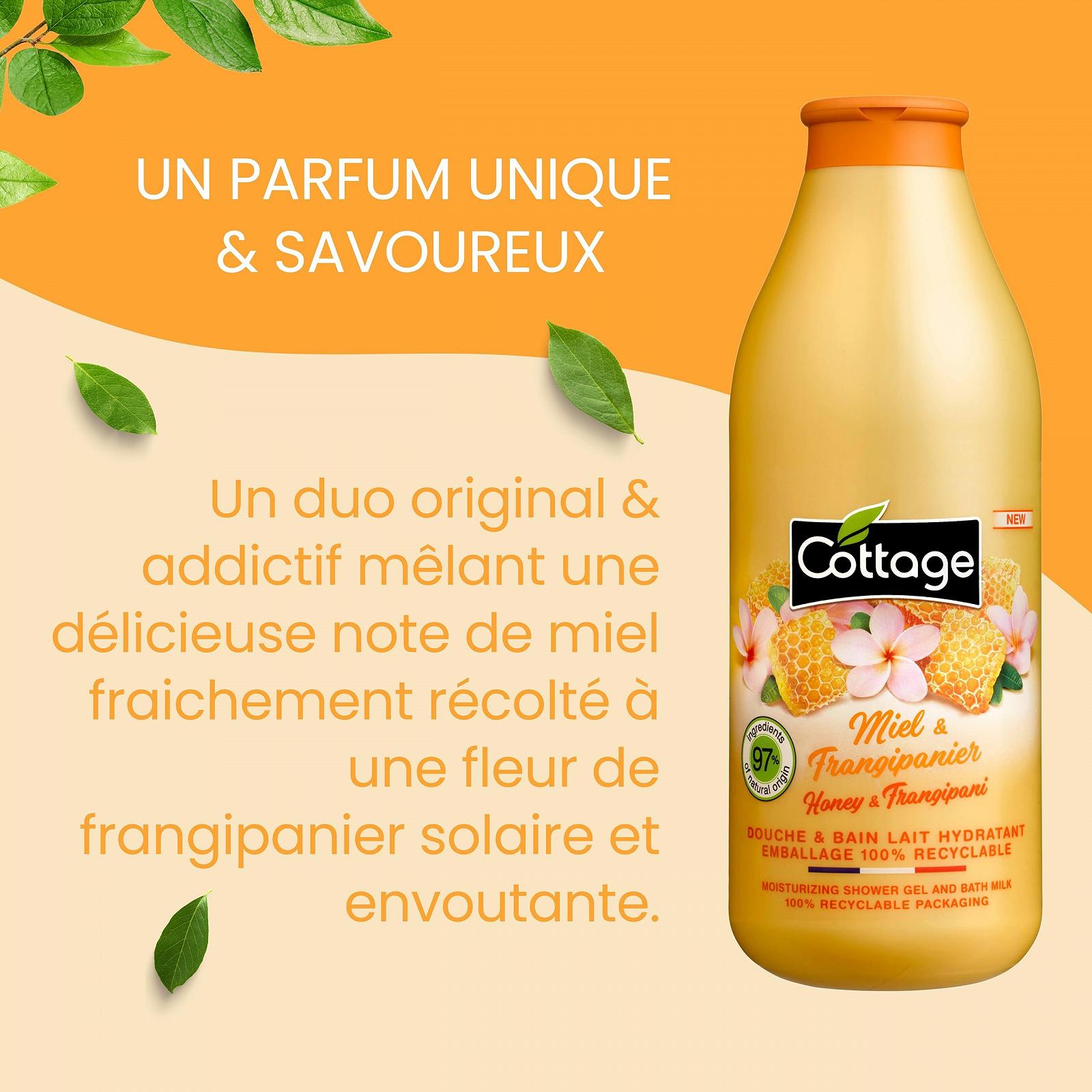 Гель для душа и молочко для ванны Cottage увлажняющее с ароматом меда и цветов франжипани 750 мл, фото №3 Гель для душа и молочко для ванны Cottage увлажняющее с ароматом меда и цветов франжипани 750 мл, фото №3