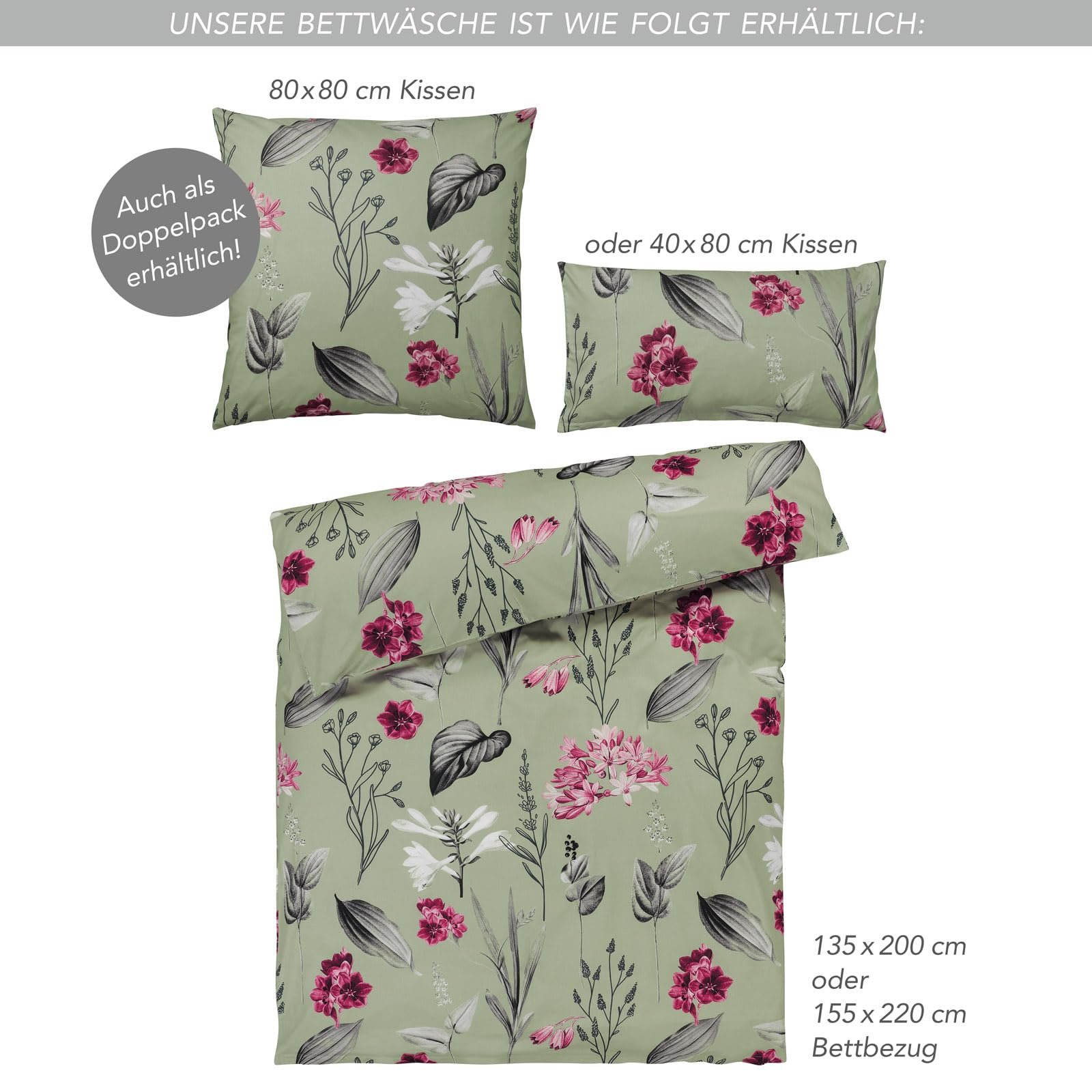 Постільна білизна з 4 предметів Pure Label Квіткова (135 x 200 см), з набором з 2 наволочок (80 x 80 см), надзвичайно м’яка постільна білизна, зелена, 100% бавовна, з блискавкою YKK, фото №7