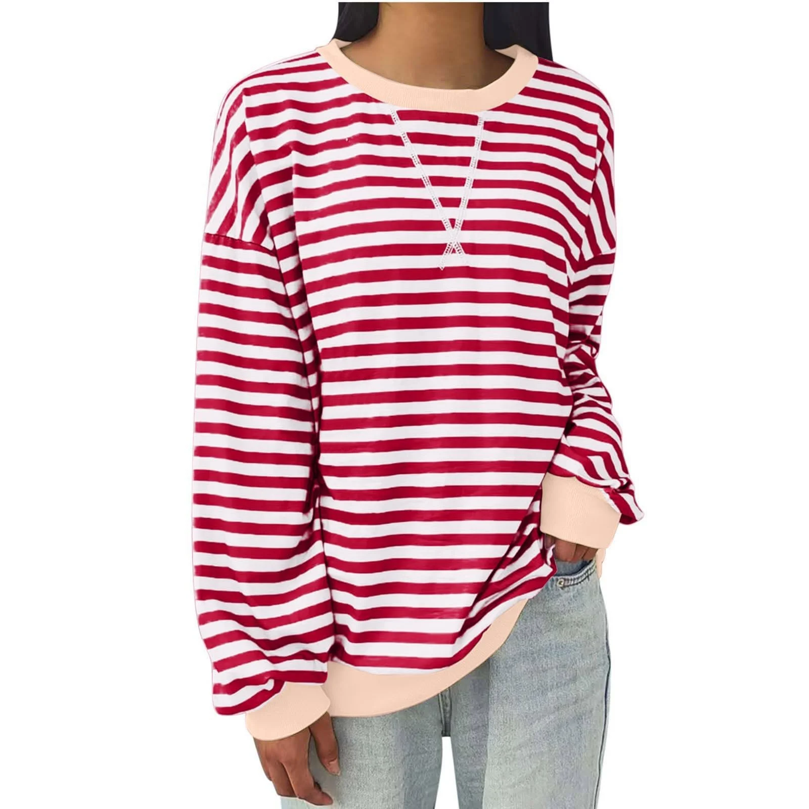 Рубашка с длинными рукавами Komiseup Женская большого размера в полоску, пуловер, базовая рубашка с круглым вырезом, рубашка с длинными рукавами в полоску, свободная повседневная рубашка в полоску, осенне-зимняя спортивная рубашка для девушек-подростков Y2K, фото №1