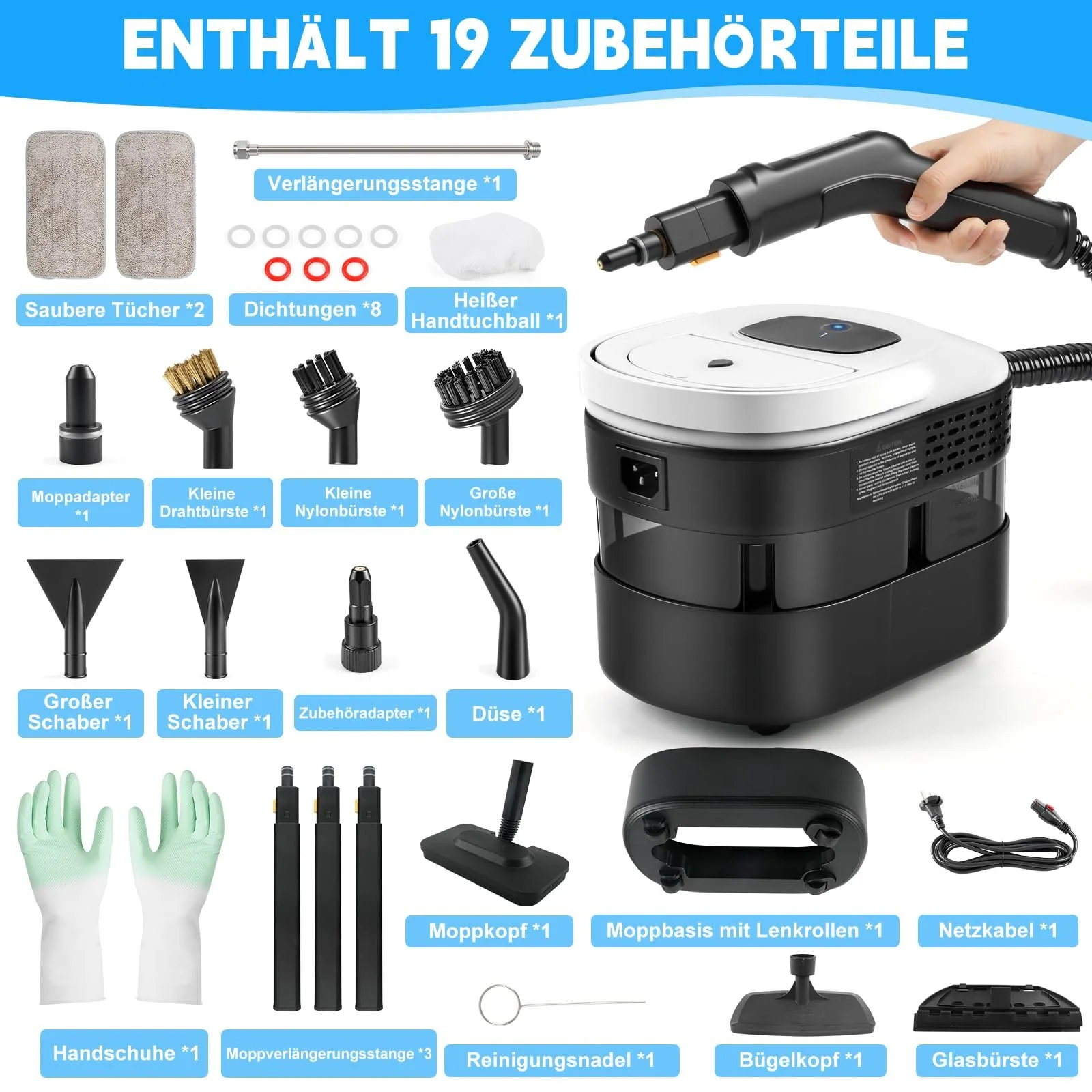 Пароочисник ручний 2500 Вт з 15 аксесуарами 4.5 бар 1600 мл переносний, фото №8