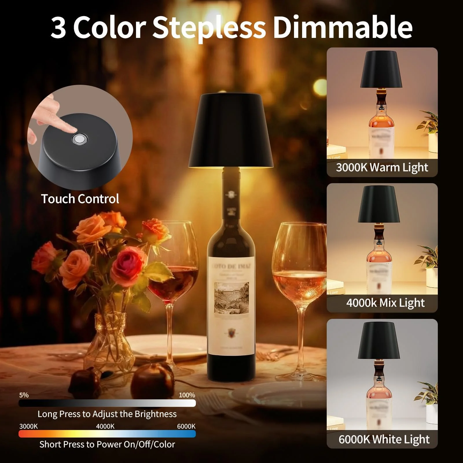 Настільна світлодіодна лампа для пляшок LED Bottle Lamp Wireless Battery IP54 Full Metal 5300 mAh, фото №2