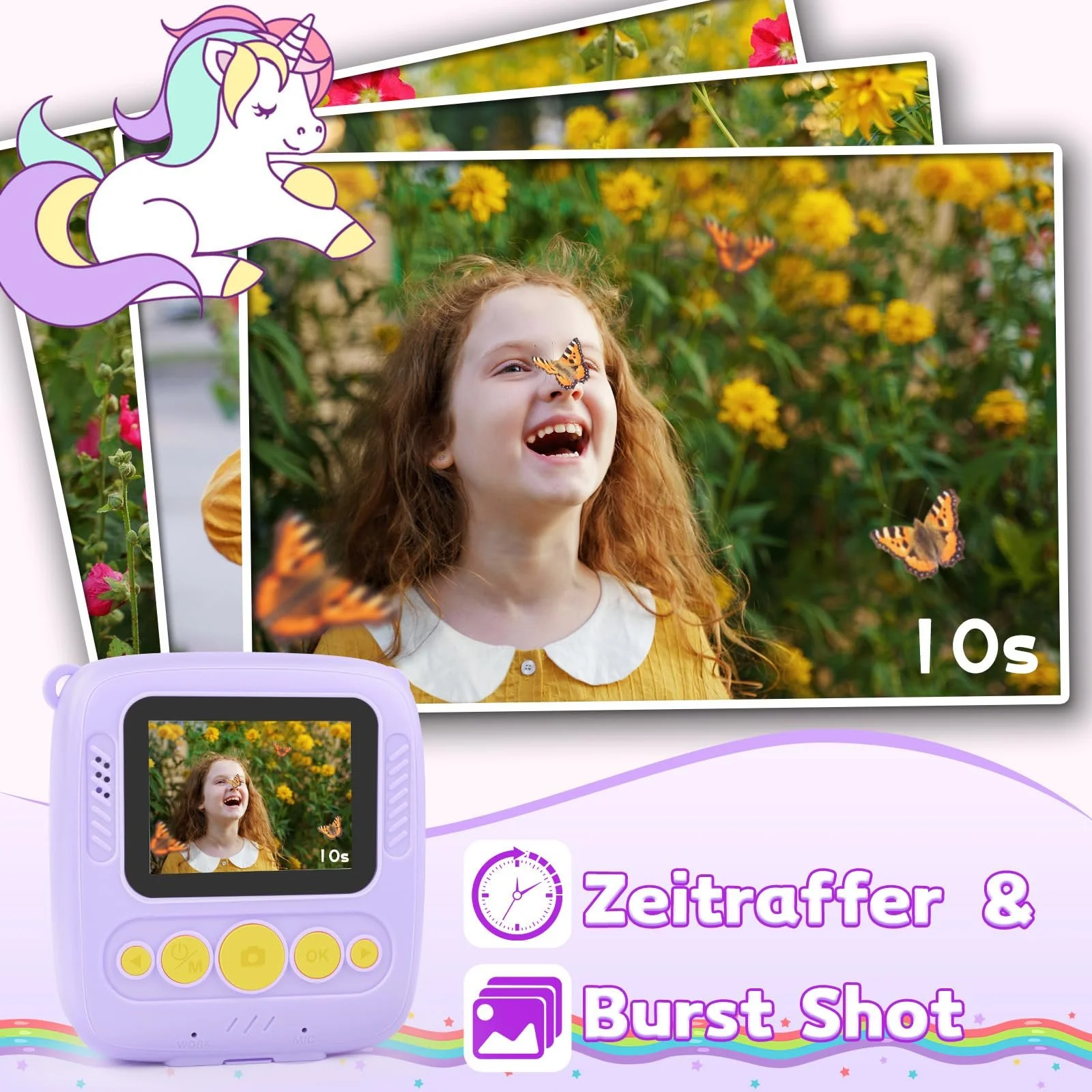 Детская цифровая фотокамера мгновенной печати 48MP 1080P с бумагой для печати и картой TF 32G Пурпурная (розовая), фото №8