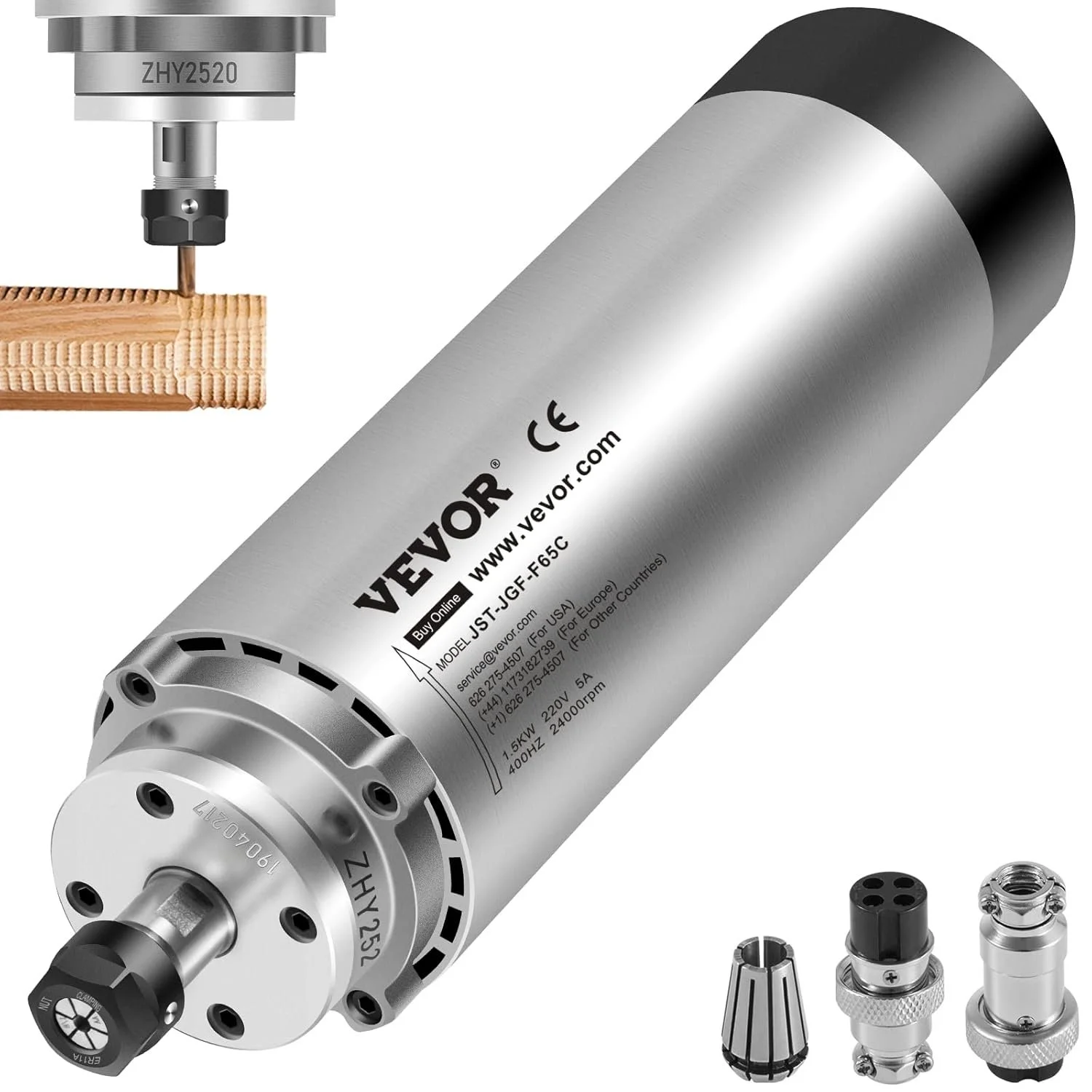 Шпиндельний двигун VEVOR JST-JGF-F65C з повітряним охолодженням / 1,5 кВт / 24000 об/хв / 400 Hz / Срібний, фото №1