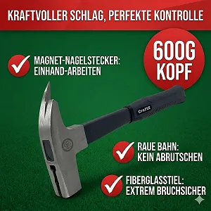 Кровельный молоток CraftX 600 г с магнитным держателем гвоздей, фиберглассовой рукояткой, рифленой поверхностью и гвоздодером DIN 7239 synthetic.ua - Фото 1