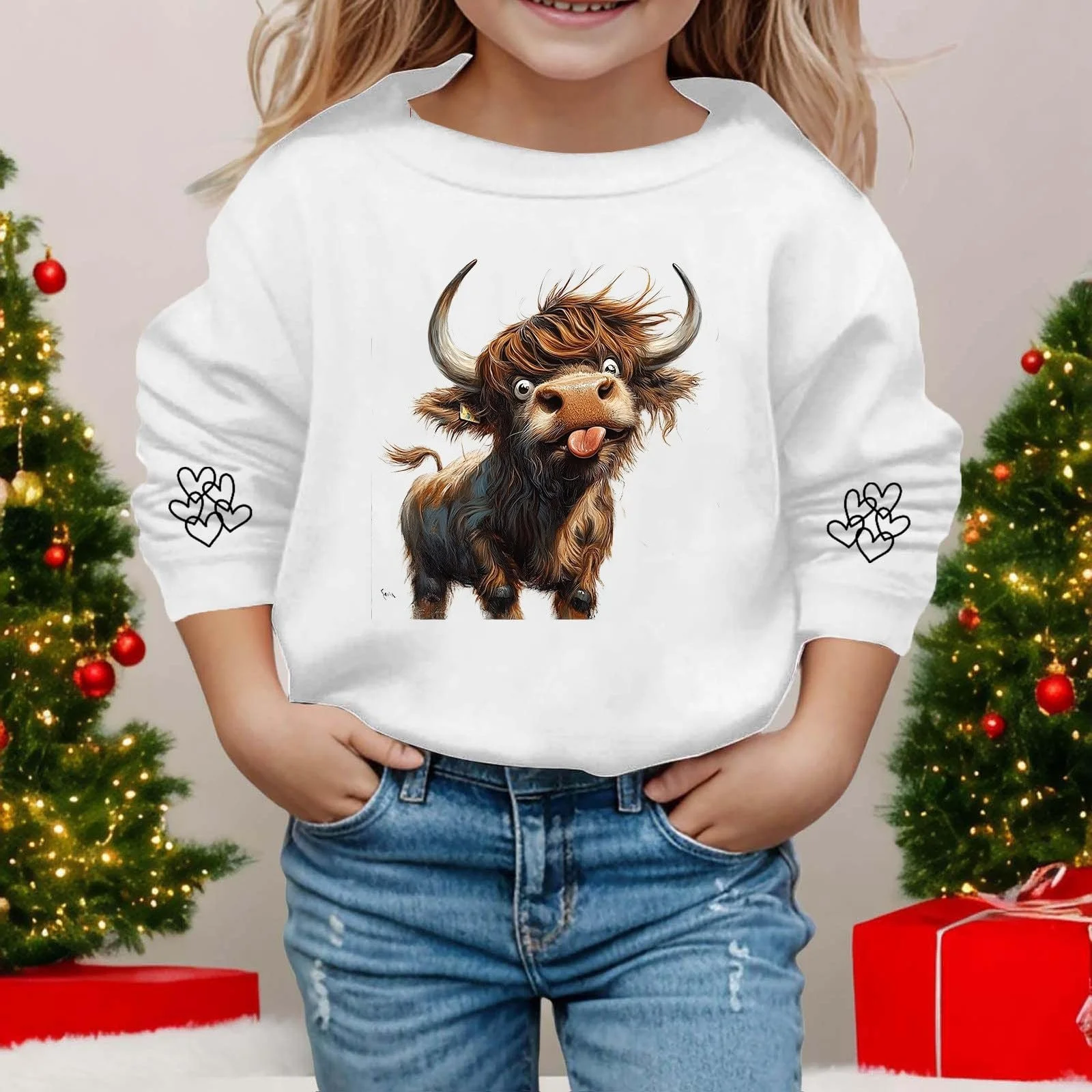 Лонгслив Девочка Кофта с длинными рукавами - Повседневный худи с круглым вырезом и коровьим принтом для детей, фото №3