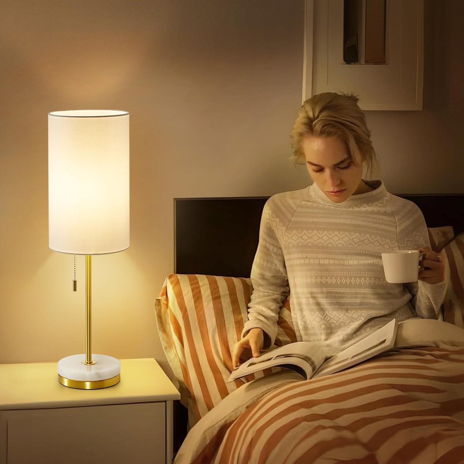 Настільні лампи GyroVu набір з 2 приліжкові з ланцюжковим вимикачем та мармуровою основою Золотиста, фото №7