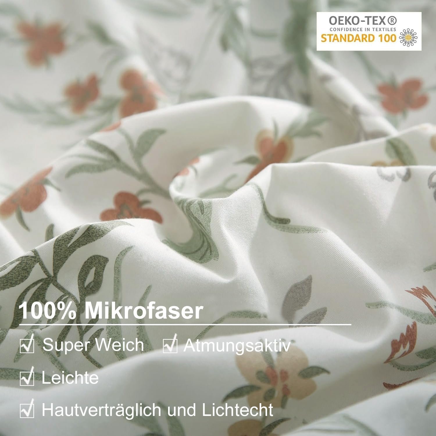 Комплект Постільної Білизни Lanqinglv 135 x 200 см, 4 од., Зелений/Білий, Листя, Квітковий Візерунок, Двосторонній, Рослинний Візерунок, Різнокольоровий, Мікрофібра, 2 Підковдри з Блискавкою, 2 Наволочки, 80 x 80 см, фото №4