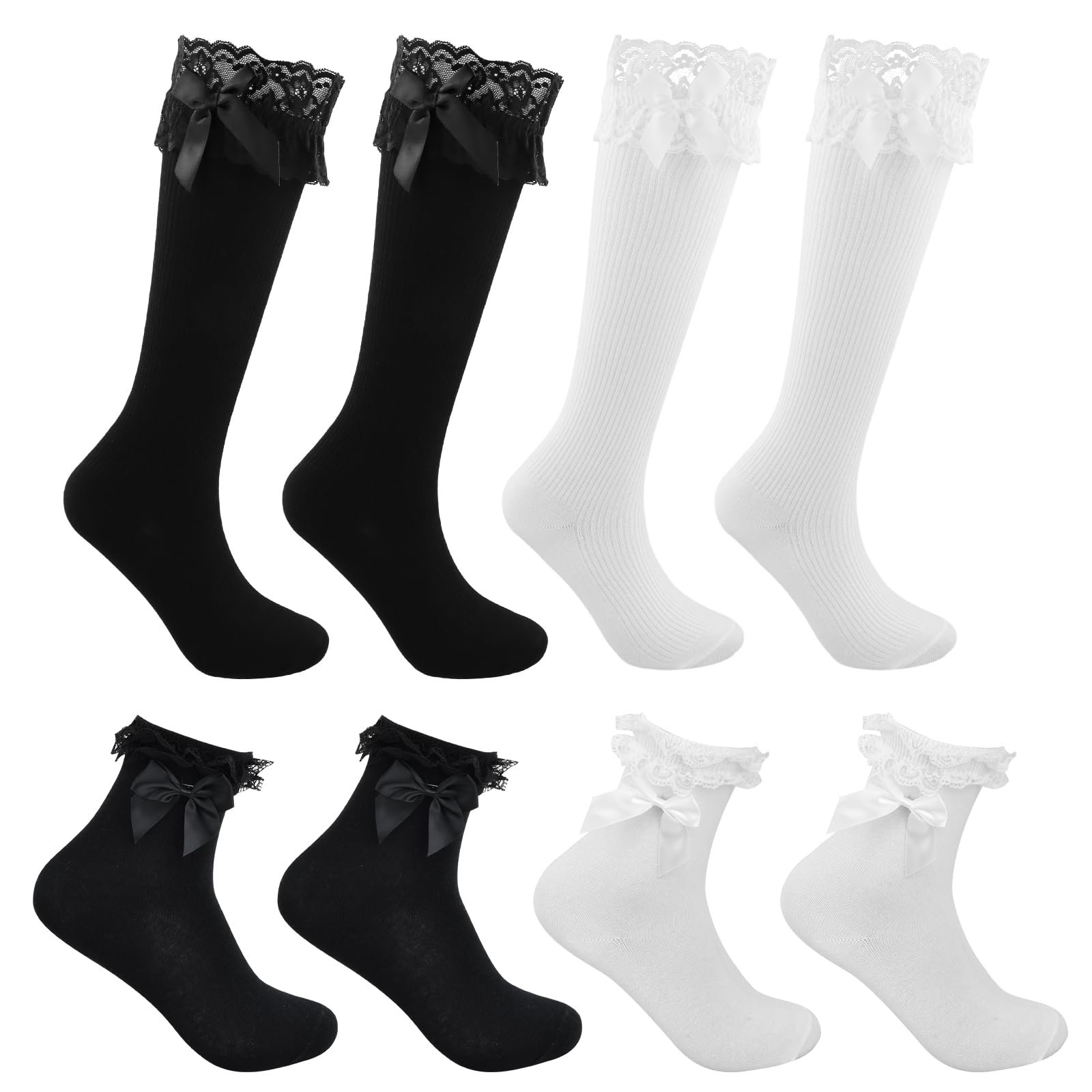 Носки Amexo с кружевом и бантами для женщин, 4 пары, черный+белый, фото №1