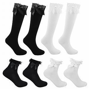Носки Amexo с кружевом и бантами для женщин, 4 пары, черный+белый - Фото 1