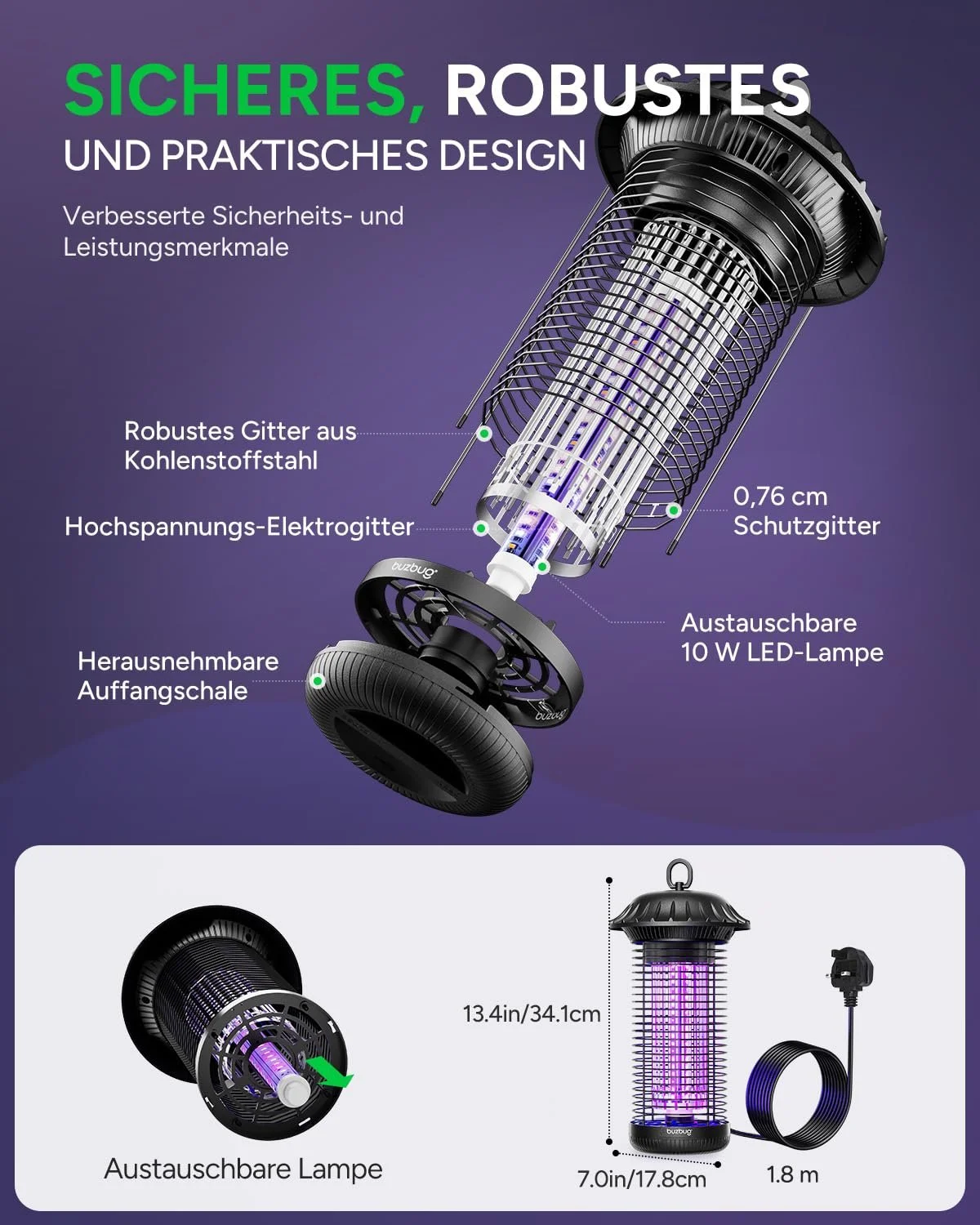Електричний знищувач комах Buzbug LED MO008C кабель 1.8 м Dual Band охоплення 195 м², фото №5