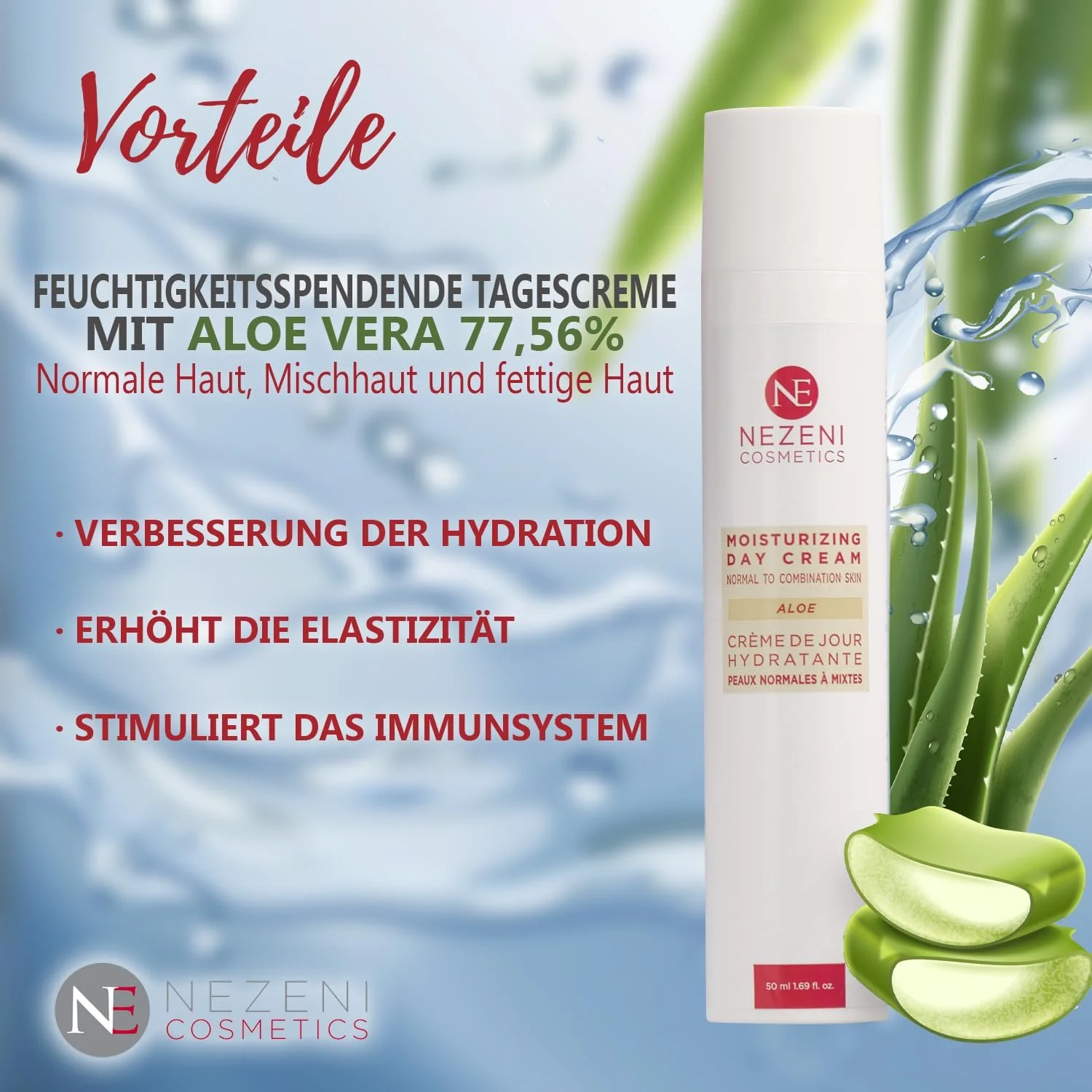 Зволожувальний крем для обличчя Nezeni Aloe Vera 79.70% 17 активних інгредієнтів для нормальної, жирної та комбінованої шкіри, фото №5