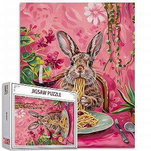 Пазл Tucocoo Funny Animals Cute Rabbit Dining (Wine Pasta) 1000 элементов Розовый - Фото 1